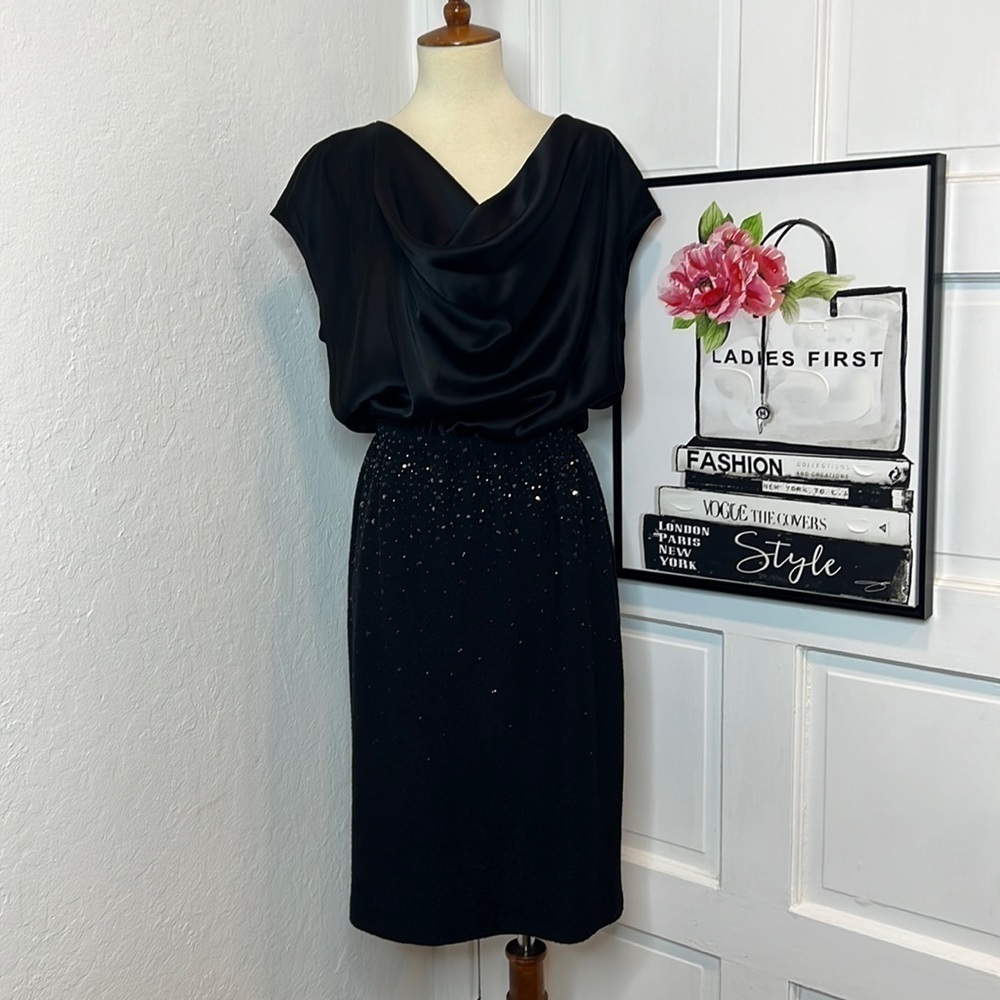 St. John Black Satin & Wool Blend Embellished Blouson Dress Size 6